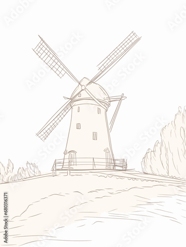 A Drawing Of A Windmill - Windmill De Adriaan in Haarlem Netherlands