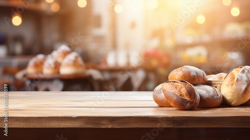Wooden table in the bakery, place for the product, loaves of bread photo