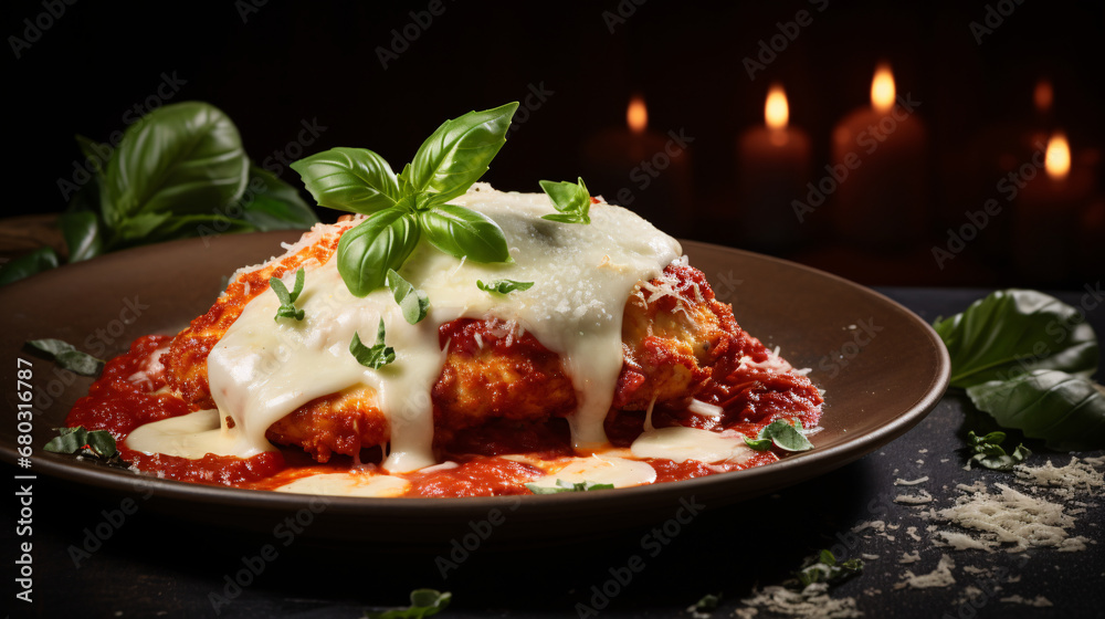 Chicken Parmesan with tomato sauce and basil, with pasta or noodles. Italian food. created with Generative AI Chicken Parmesan with tomato sauce and basil, with pasta or noodles. Italian food. created with Generative AI