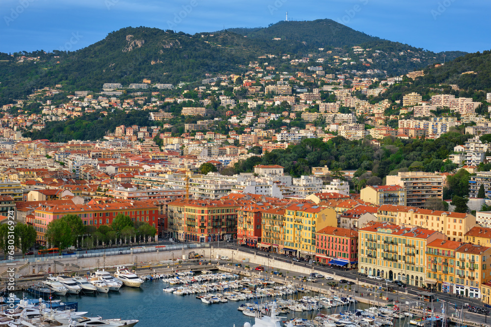View of Old Port of Nice with luxury yacht boats from Castle Hill, France, Villefranche-sur-Mer, Nice, Cote d'Azur, French Riviera View of Old Port of Nice with luxury yacht boats from Castle Hill, France, Villefranche-sur-Mer, Nice, Cote d'Azur, French Riviera