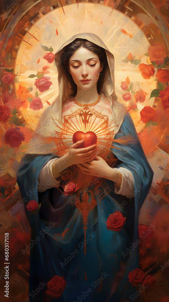 Portrait of the Virgin Mary with red heart in her hands. Vintage style.