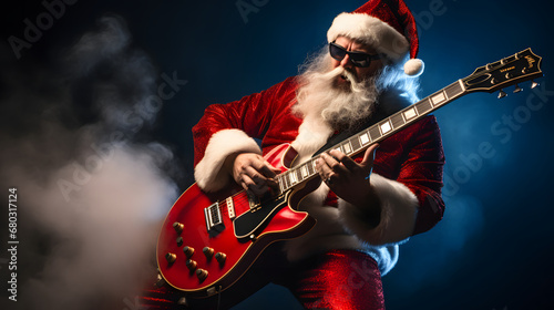 Portrait of Santa Claus playing an electric guitar on a dark background. Santa Claus as a rock star.