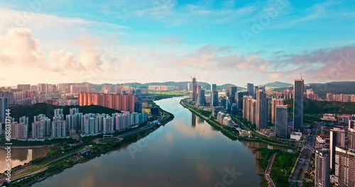 Aerial view of Macau Island city financial district skyline and natural scenery photo