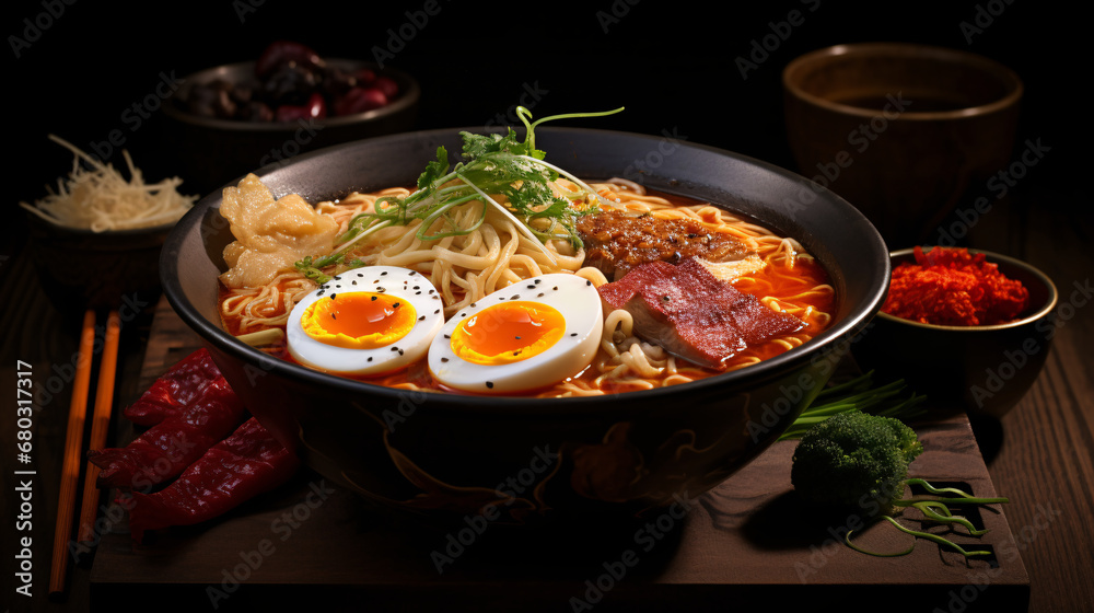 Japanese ramen noodle soup with pork, egg and vegetables on black background. Tomatoes, and greens, Broth. created with Generative AI Japanese ramen noodle soup with pork, egg and vegetables on black background. Tomatoes, and greens, Broth. created with Generative AI