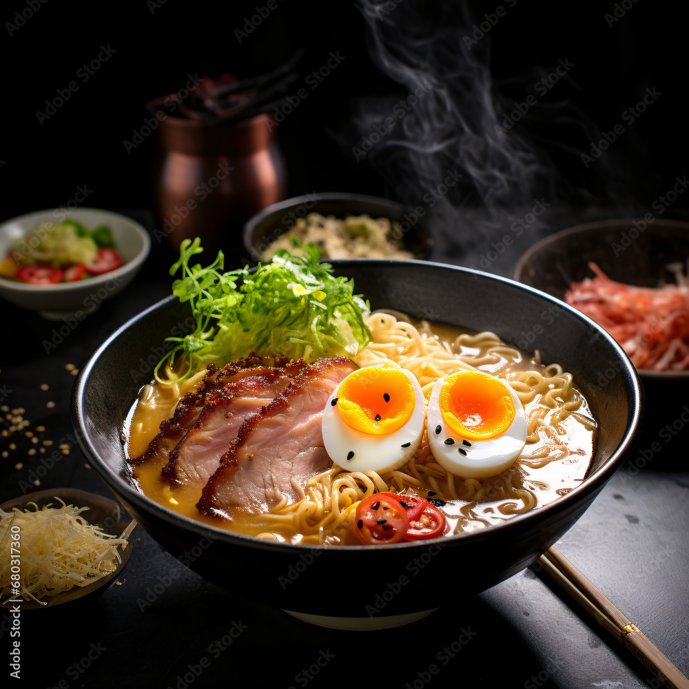 Japanese ramen noodle soup with pork, egg and vegetables on black background. Tomatoes, and greens, Broth. created with Generative AI Japanese ramen noodle soup with pork, egg and vegetables on black background. Tomatoes, and greens, Broth. created with Generative AI