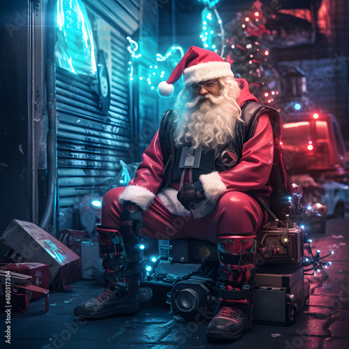 santa claus sitting on a chair, cyberpunk style