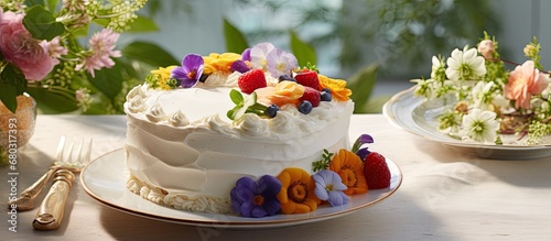 In a picturesque bakery shop nestled amidst nature's vibrant greens, an exquisite white cake adorned with colorful and healthy edible flowers, made with natural and organic ingredients, awaits its