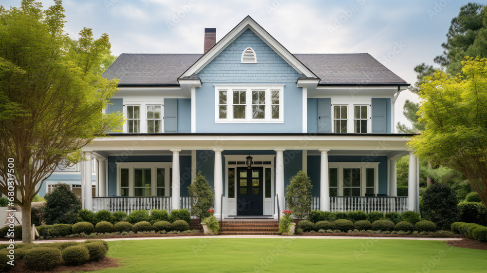 luxury family house with landscaping on the front and blue sky on background