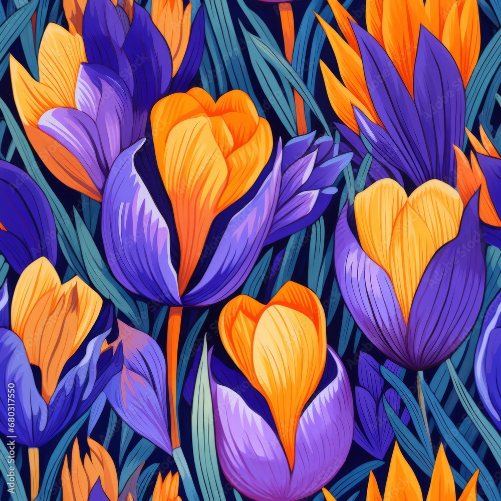 Vibrant crocus flower blooms seamless pattern in top view, perfect for spring themed designs Vibrant crocus flower blooms seamless pattern in top view, perfect for spring themed designs