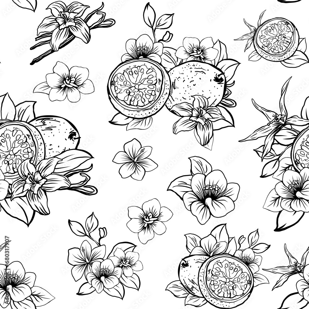 linear sketch of passion fruit with flowers and vanilla with pods and flowers seamless pattern, design for packaging, packaging, textile, background, paper, tableware