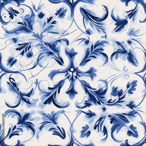 Geometric and floral azulejo tile mosaic pattern on retro portuguese or spanish wall tiles photo