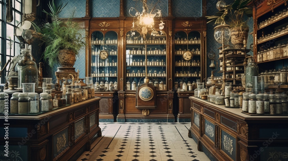 Interior of an old pharmacy, medicines on shelves, retro room with medical products