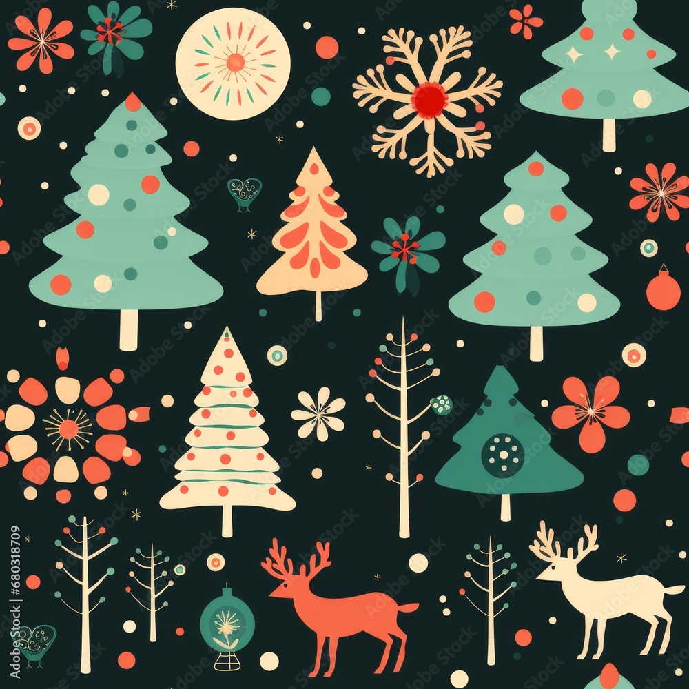 Vintage christmas reindeer seamless pattern in solid pastel colors, vector style for holiday design