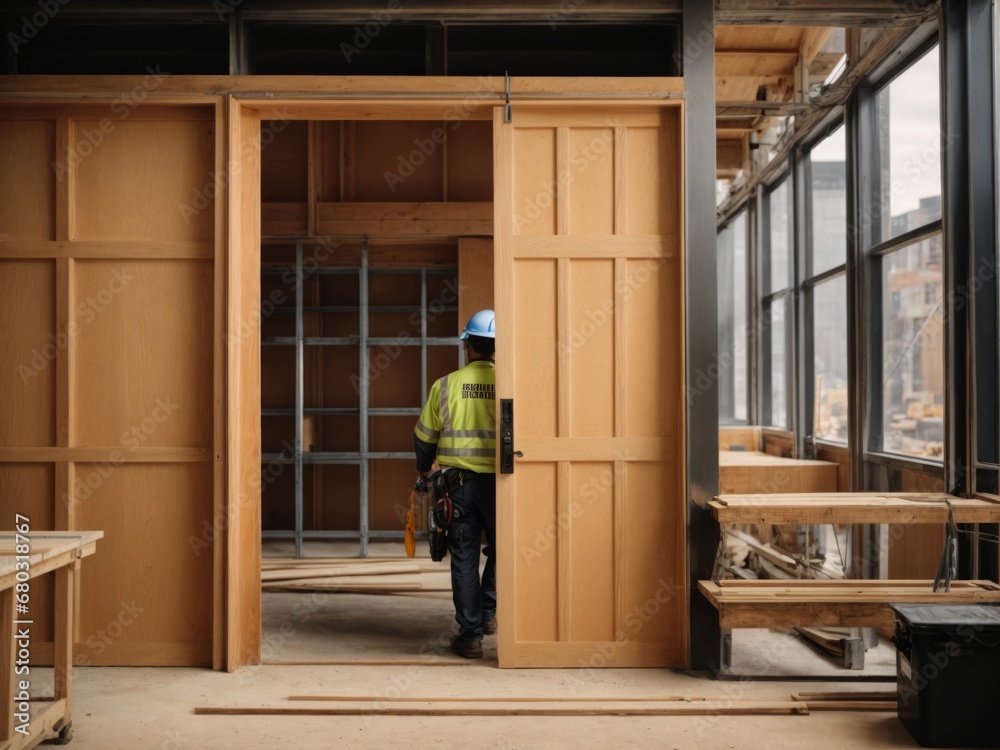 Fototapeta premium Builders Fitting Doors and Windows into a Newly Constructed House