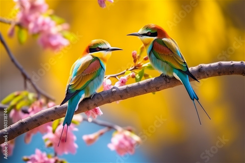 two little beautiful colorful birds in yellow, blue and brown colors sitting on a branch next to each other with pink flowers background