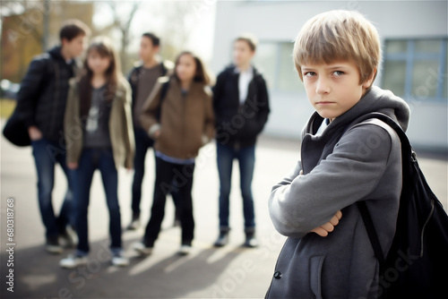 boy looking upset standing alone with his hands crossed with a group of kids on the background looking aggressive, bullying boy