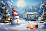 Trailer Mobile Home or Recreational van, Snowman in Winter Forest, Christmas and New Year concept and Winter Holiday, Copy space