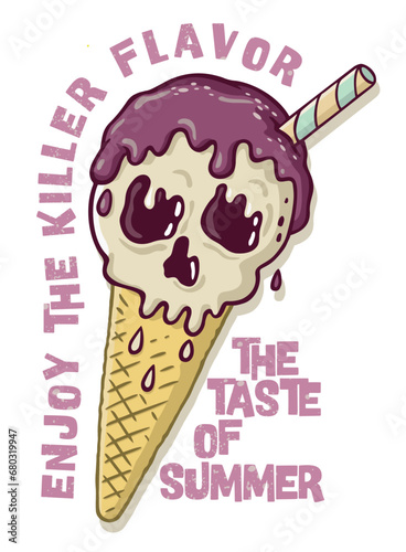 Vector illustration of ice cream in cartoon style with skull face. Stripped art for printing on t-shirts, posters and etc...