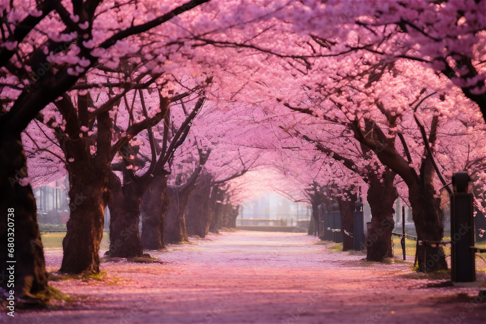 alley of blossoming pink sakura trees alley of blossoming pink sakura trees