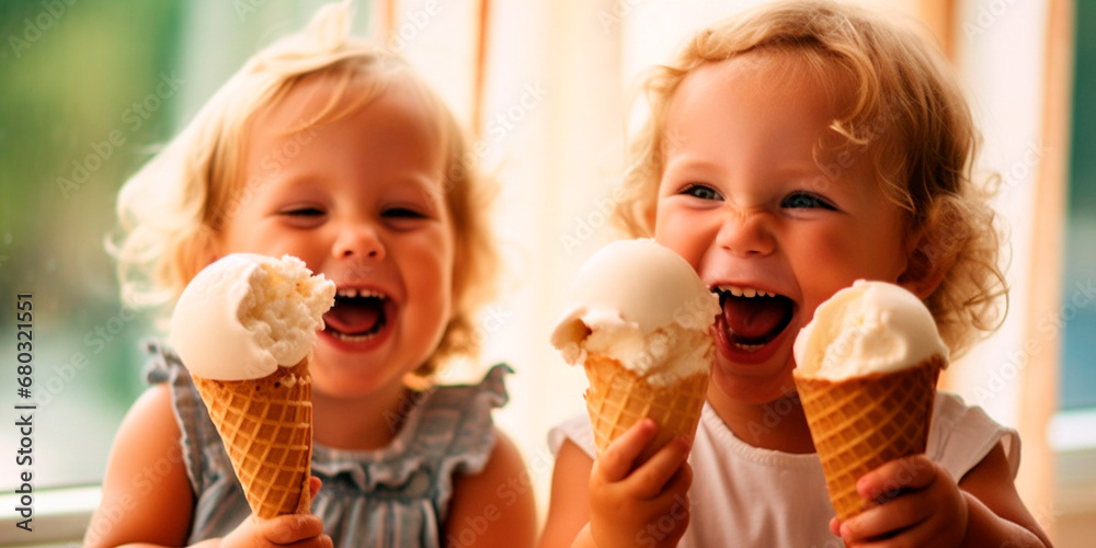 Little laughing children eating ice cream cones Little laughing children eating ice cream cones