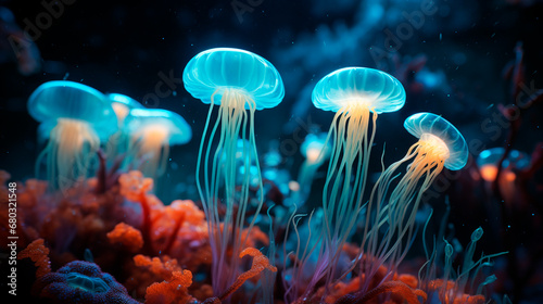 Fantastic underwater creatures, like jellyfish emitting light