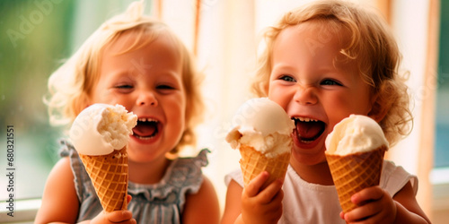 Little laughing children eating ice cream cones