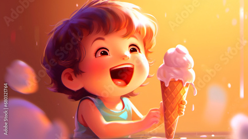 Laughing child eating ice cream in a cone