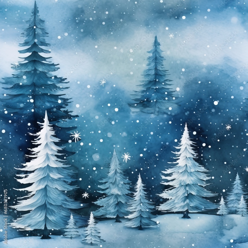 Enchanting winter wonderland seamless pattern with delicately hand painted watercolor elements