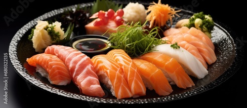 In Japan, a healthy menu often includes a variety of dishes such as sushi, sashimi, and grilled fish, served on a white plate garnished with green and black seaweed, alongside vibrant orange slices of