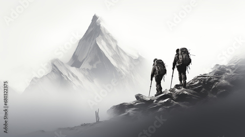 Mountain climbing - teamwork - silhouette - apex - dramatic - friendship - partnership - motivation - black and white - hiking - monochrome  © Jeff