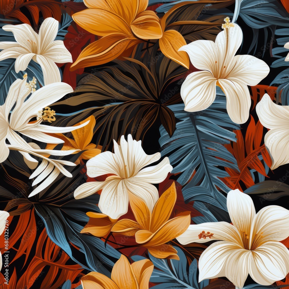 Bold tropical flower paradise seamless pattern with vibrant hibiscus, orchids, and frangipani