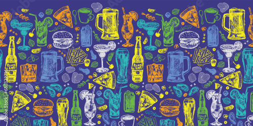 Vector bar cocktails alcoholic drinks and food repeat horizontal border pattern with pizza and mussels. Suitable for wall murals  nightclub and restaurant menu design
