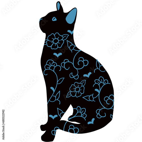 black cat with blue floral
