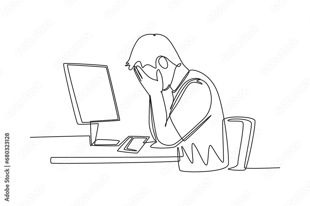Single one line drawing young tired company worker covering his face ...