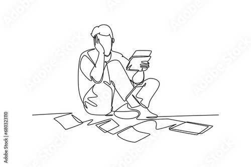 Single continuous line drawing of stressful finance manager facing pile of document papers on the floor office. Work overload project concept. Dynamic one line draw graphic design vector illustration