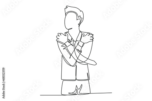 Single continuous line drawing businessman feeling sad, depression, hugging body, and standing on the floor. Frustrated worker mental health problems. One line draw graphic design vector illustration