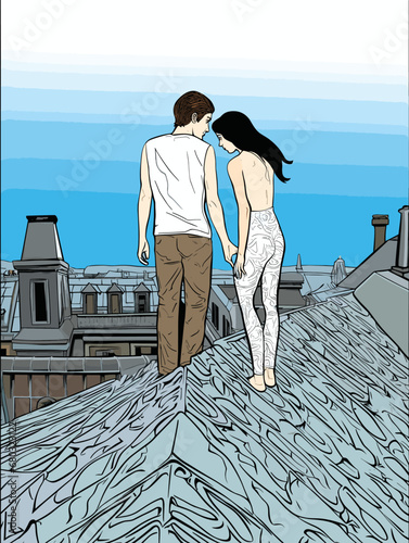 A Man And Woman Standing On A Roof - Fashion Art of a Couple on the roofs of paris