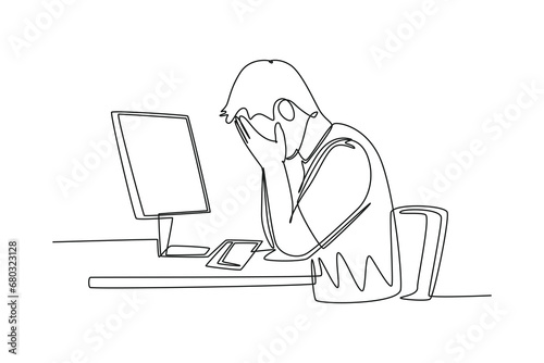 Single one line drawing young tired company worker covering his face with hand after read financial annual report. Work fatigue at the office. Continuous line draw design graphic vector illustration