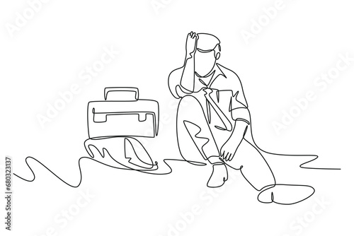 Single one line drawing of depressed businessman with briefcase sitting in despair on floor. Entrepreneur sad expression. Professional burnout syndrome. Continuous line draw design vector illustration