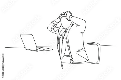 Single one line drawing of frustrated businessman sitting on office chair. Stressful worker holding head while see stock price on laptop screen. Continuous line draw design graphic vector illustration