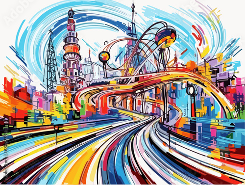 A Colorful Roller Coaster Ride - Fun in theme park in abstract motion blur