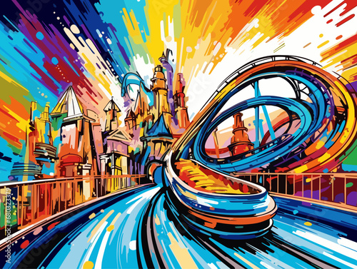 A Roller Coaster In A Colorful City - Fun in theme park in abstract motion blur
