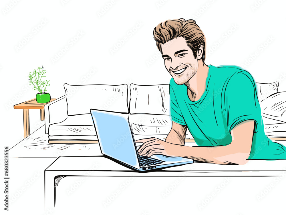 A Man Sitting At A Table With A Laptop - Happy casual man using laptop computer at home