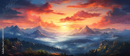 background of a breathtaking landscape, the summer sky painted a beautiful canvas as the sun gently set behind the majestic autumn mountains, creating a stunning sunset.