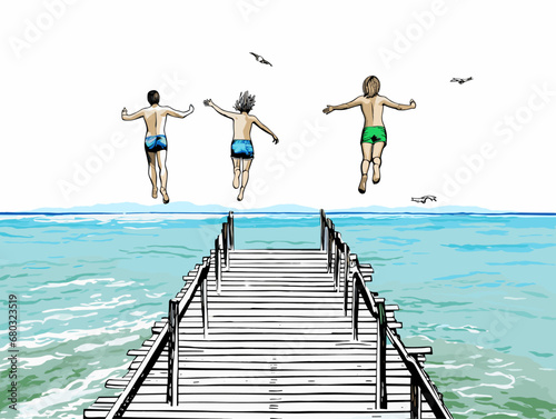 A Group Of Boys Jumping Into The Water - Group of friends jumping to the sea from the pier
