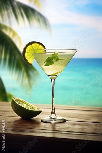 photorealistic tropical bay breeze martini on a wooden table with a cold winter background, shallow depth of field 