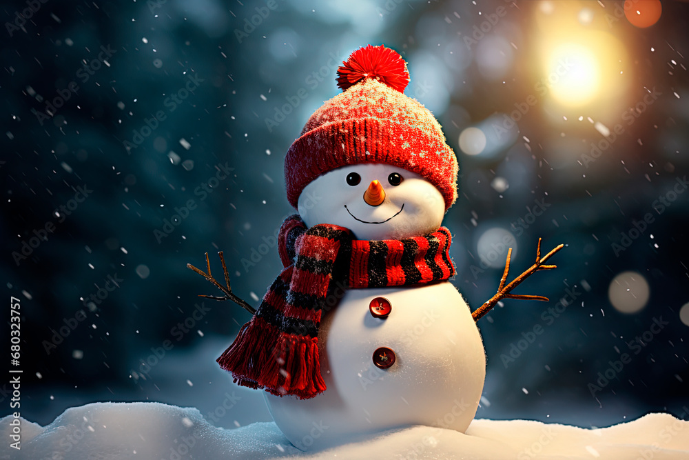 A snowman wearing a red hat and scarf. Christmas card. Generative AI A snowman wearing a red hat and scarf. Christmas card. Generative AI