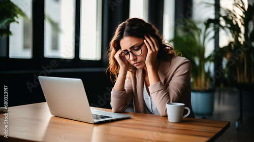 Mujer con dolor de cabeza y somnolienta usando una laptop en su oficina  photo