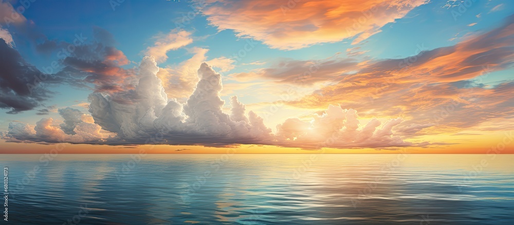 The colorful sunset painted the sky with hues of blue and orange, creating a breathtaking landscape against the backdrop of the shimmering ocean, while the warm summer light cast a golden glow upon