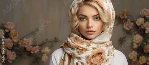 In a beautifully styled fashion photoshoot, a Countryn woman wearing an elegant white shawl is captured, standing against a white isolated background. The intricate bandana with delicate flower photo